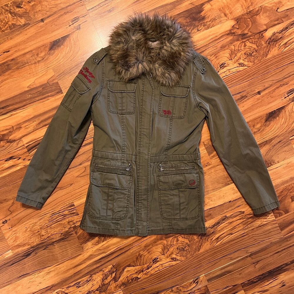 Womens Harley Davidson Green Fur Collar Jacket Size S